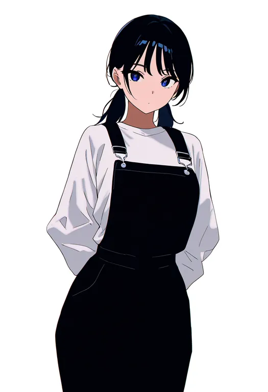 masterpiece, best quality, newest, absurdres, highres, safe, black_overalls, 1girl, solo, simple_background — by k3scat, made with ComfyUI