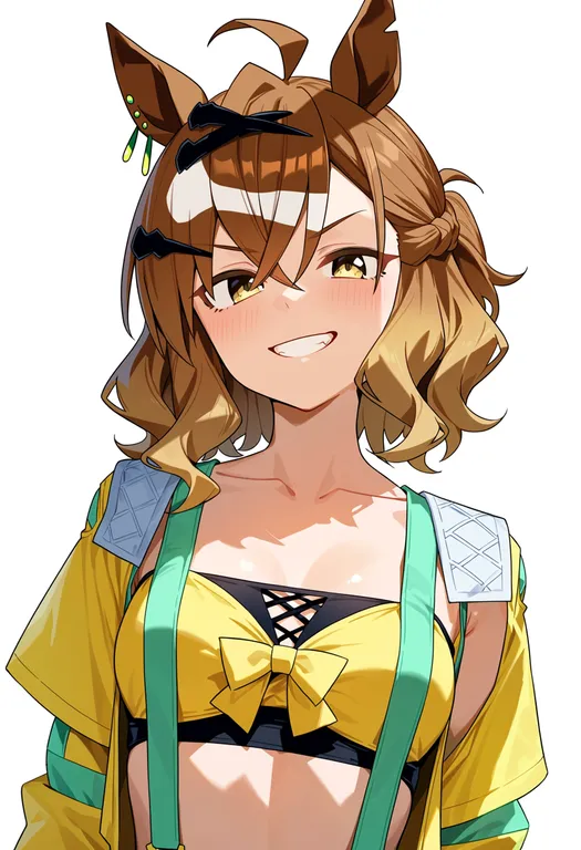 masterpiece, best quality, score_7, safe, jungle pocket (umamusume), umamusume, solo, upper body, simple background — by k3scat, made with ComfyUI