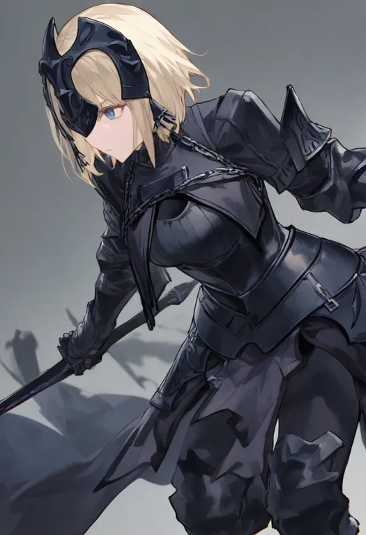 masterpiece, best quality, general, black armor, 1girl, solo, simple background — by k3scat, made with ComfyUI