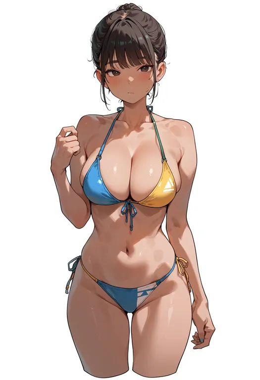 masterpiece, best quality, score_7, safe, multicolored bikini, 1girl, solo, simple background — by k3scat, made with ComfyUI