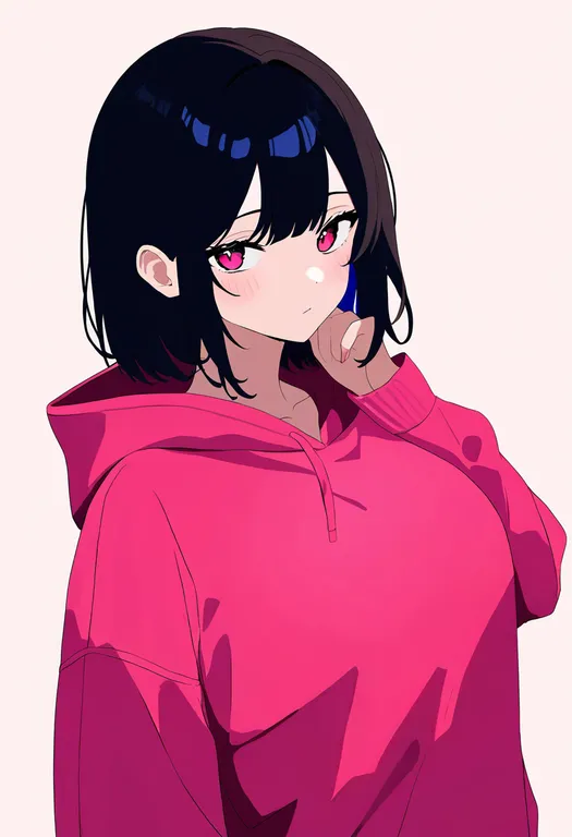 masterpiece, best quality, newest, absurdres, highres, safe, pink_hoodie, 1girl, solo, simple_background — by k3scat, made with ComfyUI