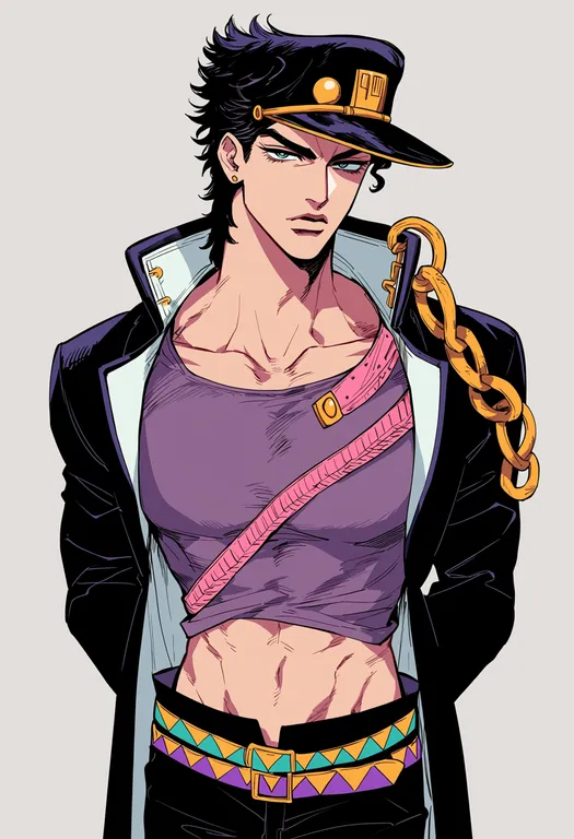 masterpiece, best quality, score_7, safe, kujo jotaro, stardust crusaders, solo, upper body, simple background — by k3scat, made with ComfyUI