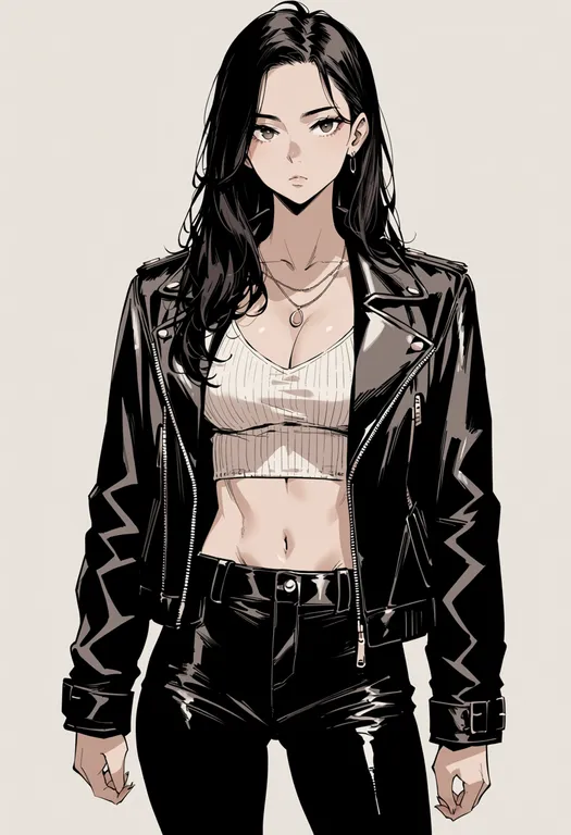 masterpiece, best quality, score_7, safe, leather jacket, 1girl, solo, simple background — by k3scat, made with ComfyUI
