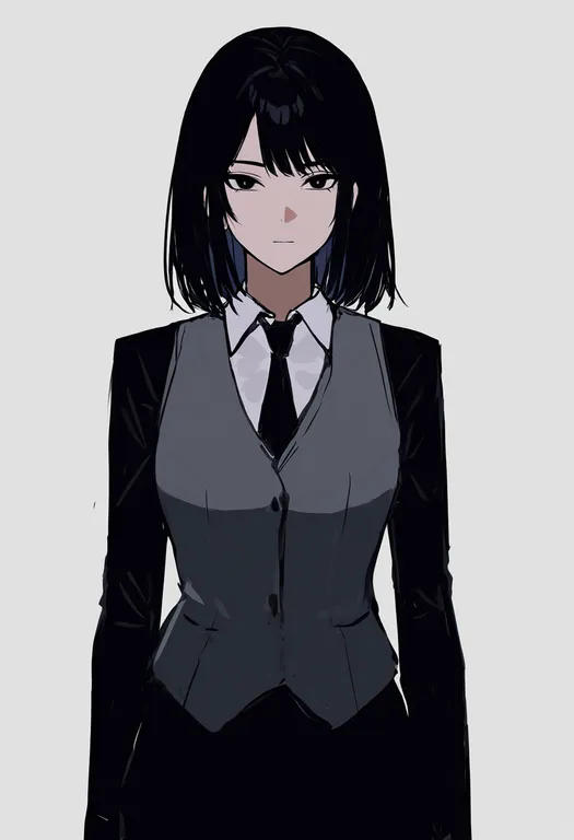 masterpiece, best quality, newest, absurdres, highres, safe, grey_vest, 1girl, solo, simple_background — by k3scat, made with ComfyUI