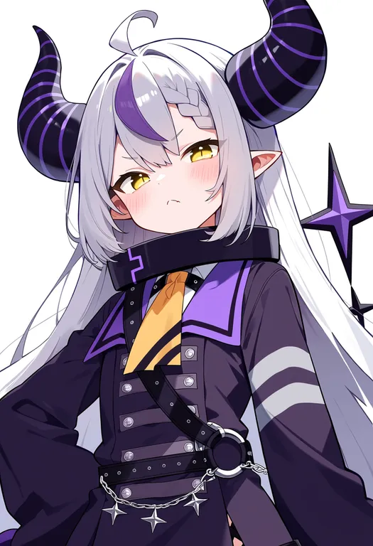 masterpiece, best quality, score_7, safe, la+ darknesss (1st costume), solo, upper body, simple background — by k3scat, made with ComfyUI
