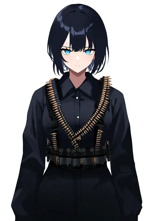 masterpiece, best quality, newest, absurdres, highres, safe, ammunition_belt, 1girl, solo, simple_background — by k3scat, made with ComfyUI