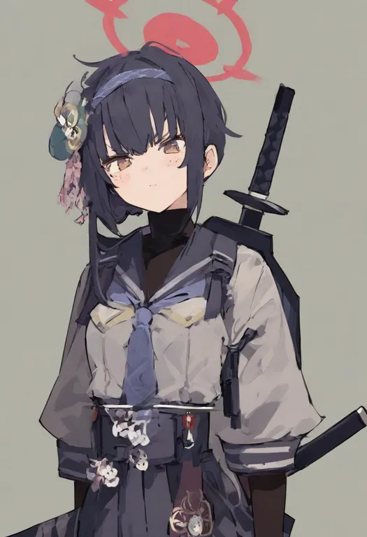 masterpiece, best quality, general, weapon on back, 1girl, solo, simple background — by k3scat, made with ComfyUI