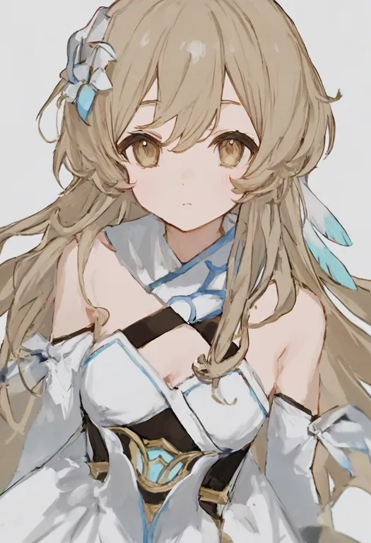 masterpiece, best quality, general, feather hair ornament, 1girl, solo, simple background — by k3scat, made with ComfyUI