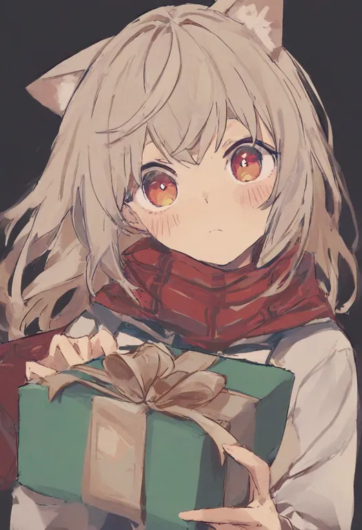 masterpiece, best quality, general, holding gift, 1girl, solo, simple background — by k3scat, made with ComfyUI