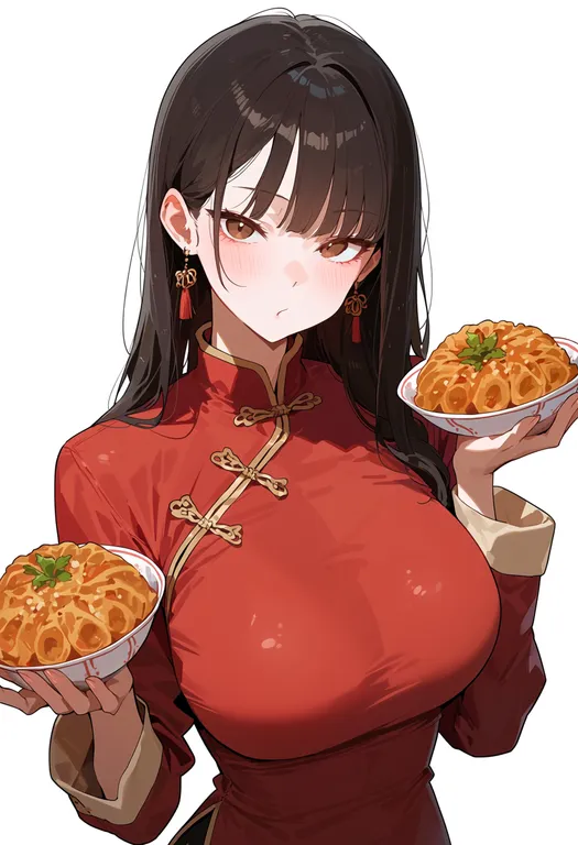 masterpiece, best quality, score_7, safe, chinese food, 1girl, solo, upper body, simple background — by k3scat, made with ComfyUI
