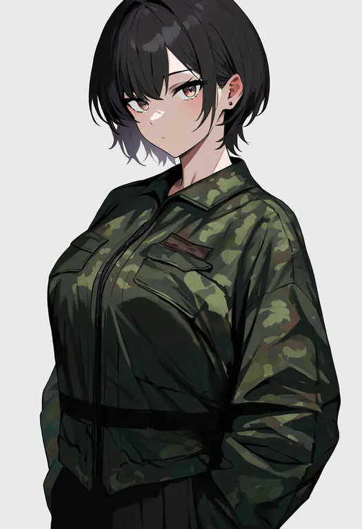 masterpiece, best quality, newest, absurdres, highres, safe, camouflage_jacket, 1girl, solo, simple_background — by k3scat, made with ComfyUI