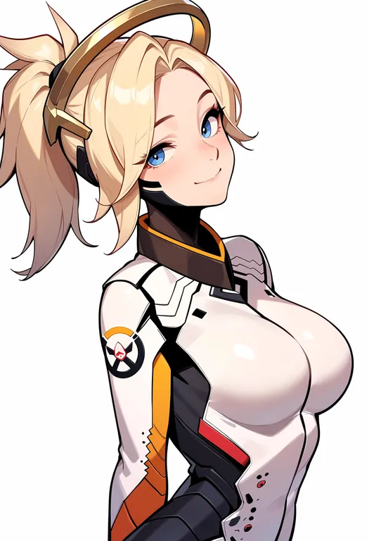 masterpiece, best quality, score_7, safe, mercy (overwatch), overwatch, solo, upper body, simple background — by k3scat, made with ComfyUI