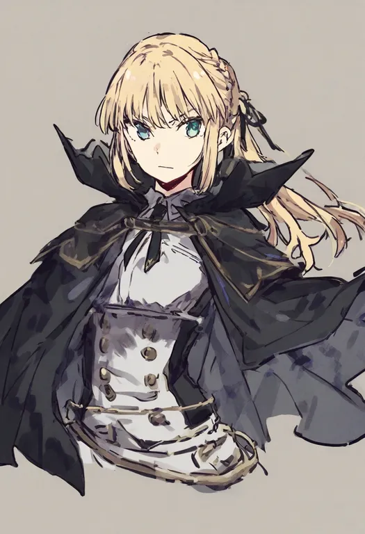 masterpiece, best quality, general, black cape, 1girl, solo, simple background — by k3scat, made with ComfyUI