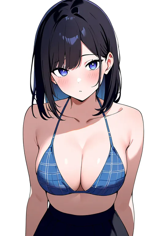 masterpiece, best quality, newest, absurdres, highres, safe, plaid_bikini, 1girl, solo, simple_background — by k3scat, made with ComfyUI