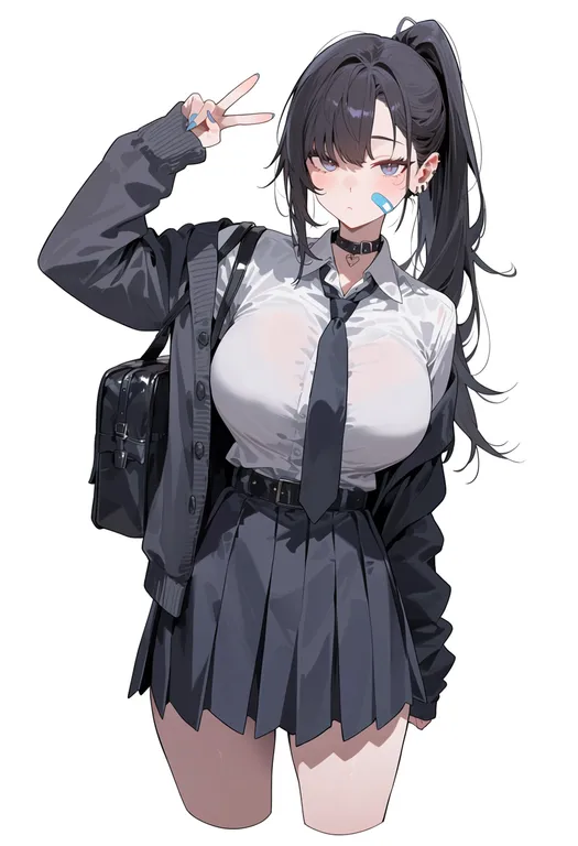 masterpiece, best quality, score_7, safe, bandaid on cheek, 1girl, solo, simple background — by k3scat, made with ComfyUI