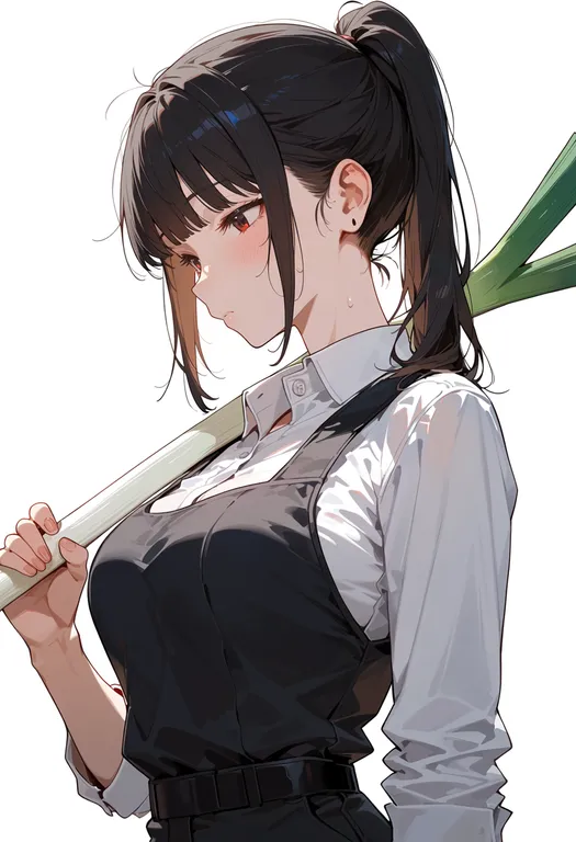masterpiece, best quality, score_7, safe, spring onion, 1girl, solo, upper body, simple background — by k3scat, made with ComfyUI