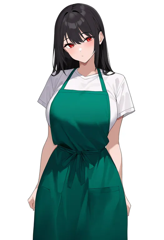 masterpiece, best quality, newest, absurdres, highres, safe, green_apron, 1girl, solo, simple_background — by k3scat, made with ComfyUI