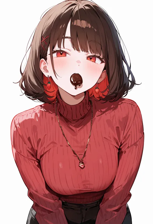 masterpiece, best quality, score_7, safe, chocolate strawberry, 1girl, solo, upper body, simple background — by k3scat, made with ComfyUI