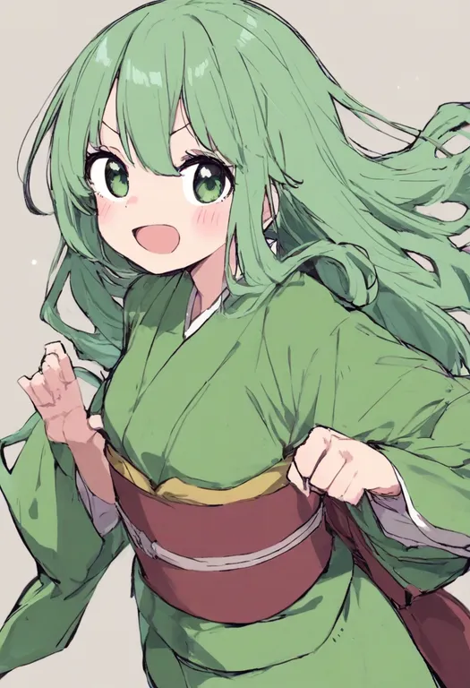 masterpiece, best quality, general, green kimono, 1girl, solo, simple background — by k3scat, made with ComfyUI