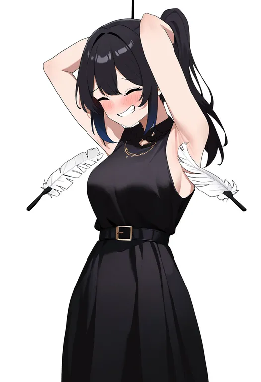 masterpiece, best quality, newest, absurdres, highres, safe, tickling_armpits, 1girl, solo, simple_background — by k3scat, made with ComfyUI