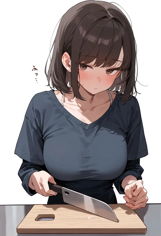 masterpiece, best quality, score_7, safe, cutting board, 1girl, solo, upper body, simple background — by k3scat, made with ComfyUI