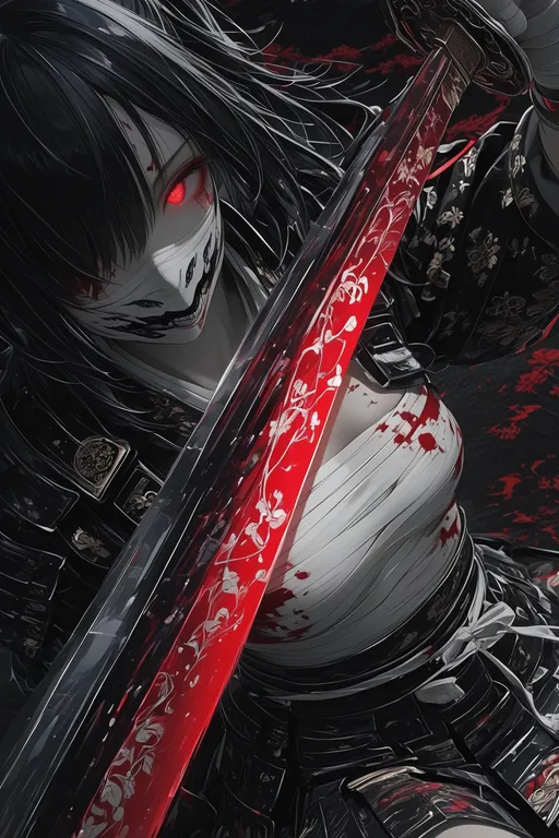 (upper half body close up:1.3), character focus, 1 samurai girl, white bandage chest, one knee down, injured, lower blac…