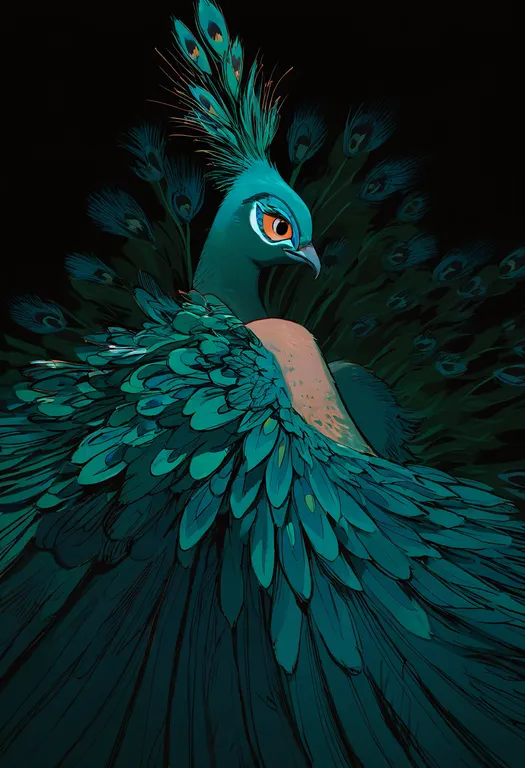 masterpiece, best quality, newest, absurdres, highres, safe, peacock_feathers, 1girl, solo, simple_background — by k3scat, made with ComfyUI
