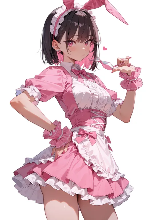 masterpiece, best quality, score_7, safe, pink wrist cuffs, 1girl, solo, simple background — by k3scat, made with ComfyUI