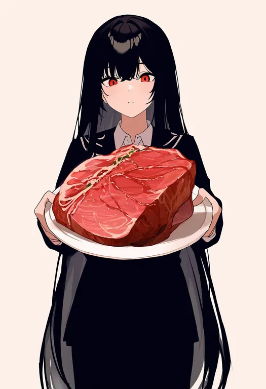masterpiece, best quality, newest, absurdres, highres, safe, meat, 1girl, solo, simple_background — by k3scat, made with ComfyUI