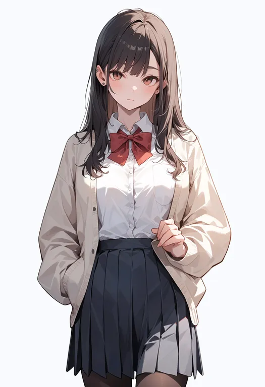 masterpiece, best quality, score_7, safe, red bow, 1girl, solo, simple background — by k3scat, made with ComfyUI