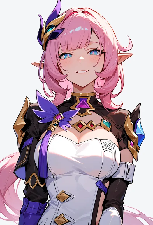masterpiece, best quality, score_7, safe, elysia (hi love elf) (honkai impact), solo, upper body, simple background — by k3scat, made with ComfyUI