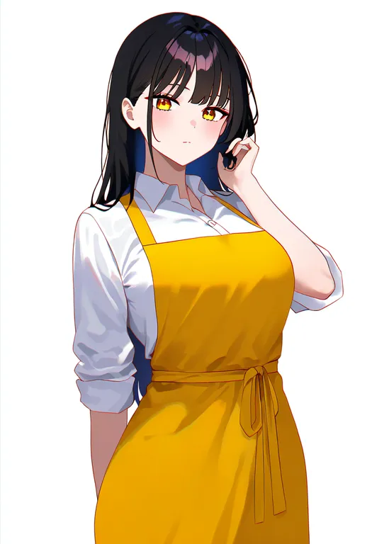masterpiece, best quality, newest, absurdres, highres, safe, yellow_apron, 1girl, solo, simple_background — by k3scat, made with ComfyUI