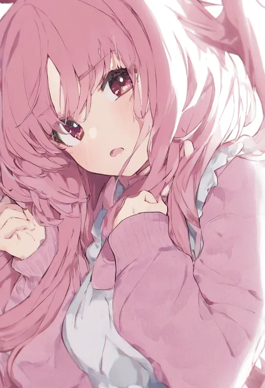 masterpiece, best quality, general, pink sweater, 1girl, solo, simple background — by k3scat, made with ComfyUI