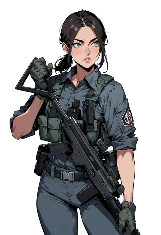 masterpiece, best quality, score_7, safe, rainbow six siege, solo, simple background — by k3scat, made with ComfyUI