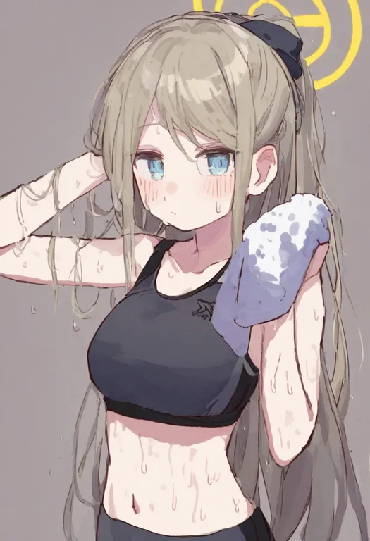 masterpiece, best quality, general, sweaty clothes, 1girl, solo, simple background — by k3scat, made with ComfyUI