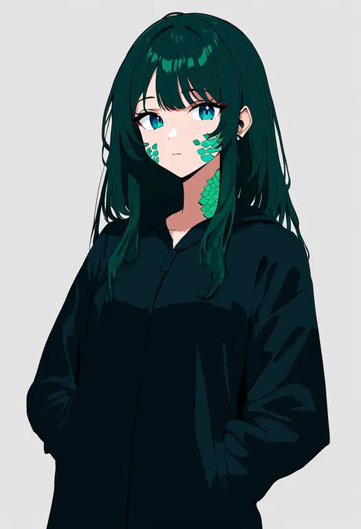 masterpiece, best quality, newest, absurdres, highres, safe, green_scales, 1girl, solo, simple_background — by k3scat, made with ComfyUI