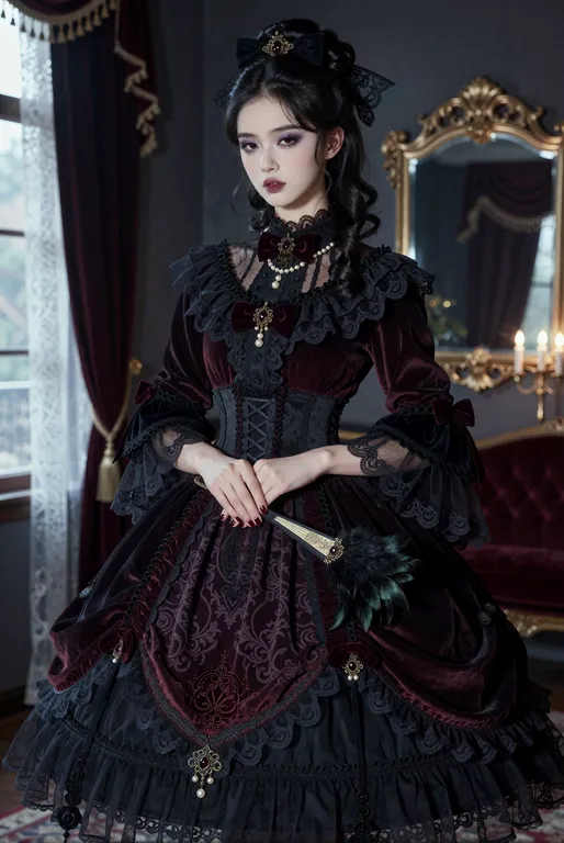 一位东方美女，身材纤细苗条，黑色长发编成精致的洛可可式卷发高髻，发间点缀黑色蕾丝蝴蝶结与暗色宝石发夹，皮肤白皙如瓷，杏仁眼轮廓深邃，眼妆以紫黑烟熏强调，嘴唇涂成暗莓果色，表情冷艳矜持，下颌微抬，流露出疏离的贵族气质。深色系洛丽塔洋装繁复华丽…