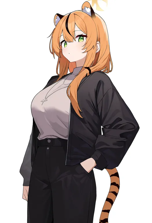 masterpiece, best quality, newest, absurdres, highres, safe, tiger_tail, 1girl, solo, simple_background — by k3scat, made with ComfyUI
