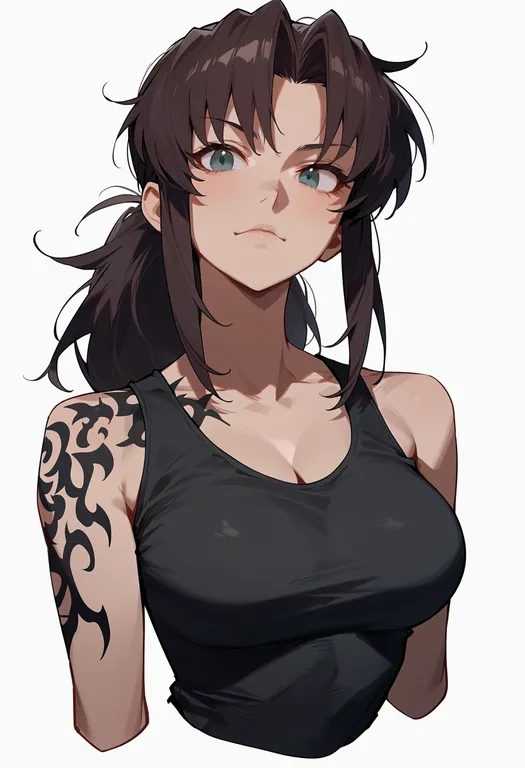 masterpiece, best quality, score_7, safe, revy (black lagoon), black lagoon, solo, upper body, simple background — by k3scat, made with ComfyUI
