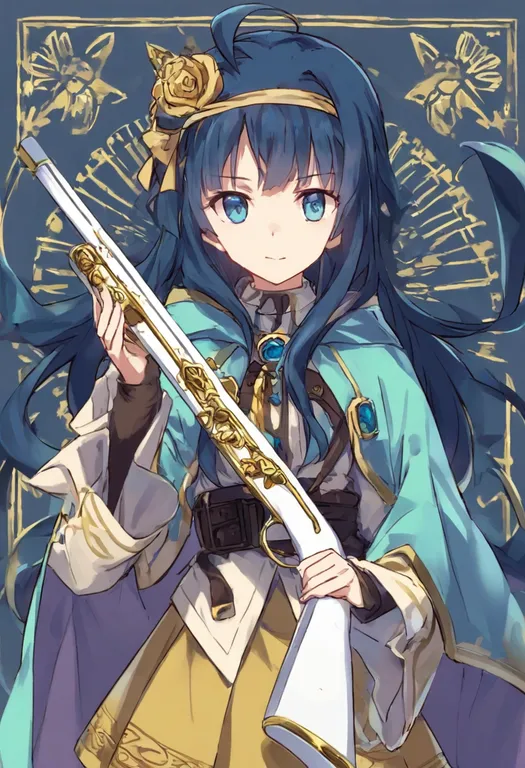 masterpiece, best quality, general, magical musket, 1girl, solo, simple background — by k3scat, made with ComfyUI