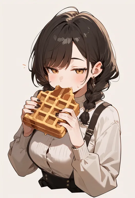 masterpiece, best quality, score_7, safe, waffle, 1girl, solo, upper body, simple background — by k3scat, made with ComfyUI