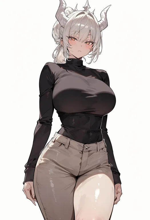 masterpiece, best quality, score_7, safe, white horns, 1girl, solo, simple background — by k3scat, made with ComfyUI