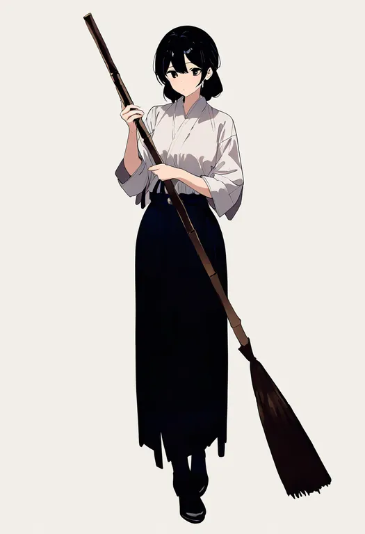 masterpiece, best quality, newest, absurdres, highres, safe, bamboo_broom, 1girl, solo, simple_background — by k3scat, made with ComfyUI