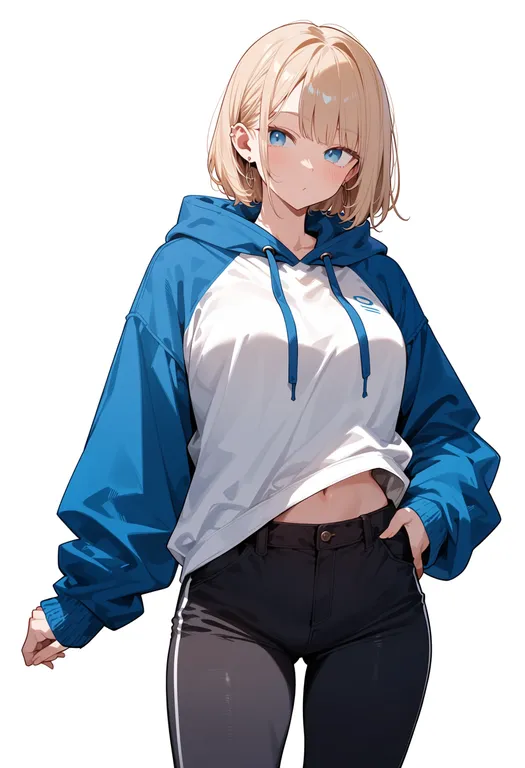 masterpiece, best quality, score_7, safe, two-tone hoodie, 1girl, solo, simple background — by k3scat, made with ComfyUI