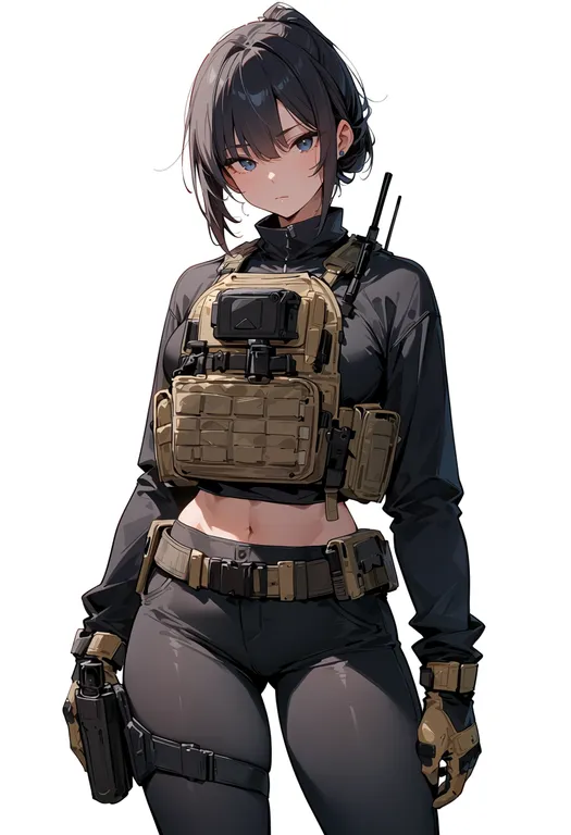 masterpiece, best quality, score_7, safe, thigh holster, 1girl, solo, simple background — by k3scat, made with ComfyUI