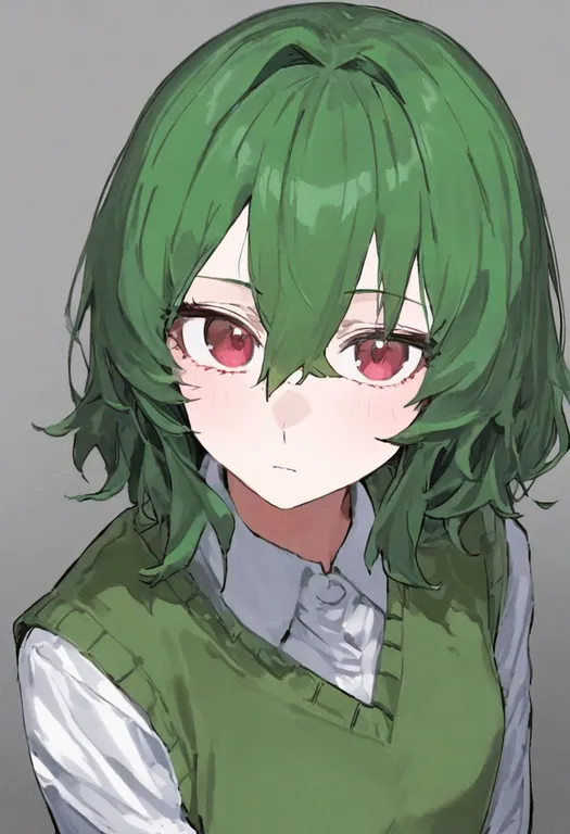 masterpiece, best quality, general, green sweater vest, 1girl, solo, simple background — by k3scat, made with ComfyUI