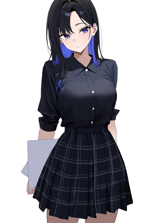 masterpiece, best quality, newest, absurdres, highres, safe, checkered_skirt, 1girl, solo, simple_background — by k3scat, made with ComfyUI