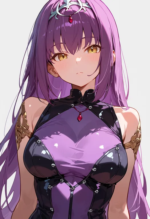 masterpiece, best quality, score_7, safe, scathach-skadi (first ascension) (fate), solo, upper body, simple background — by k3scat, made with ComfyUI