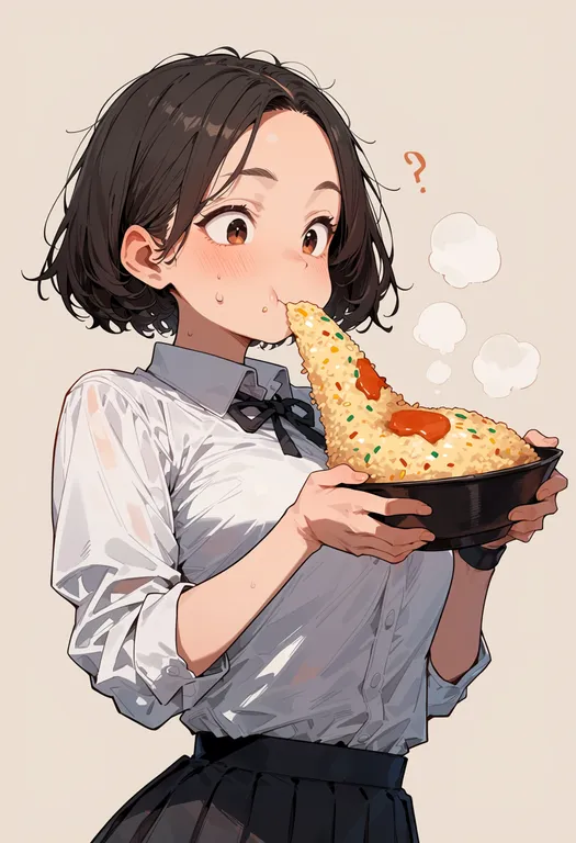 masterpiece, best quality, score_7, safe, fried rice, 1girl, solo, upper body, simple background — by k3scat, made with ComfyUI