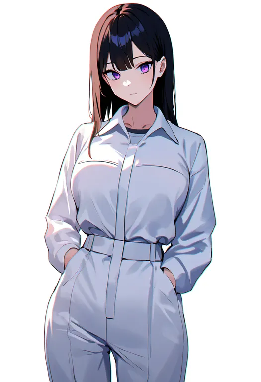masterpiece, best quality, newest, absurdres, highres, safe, white_jumpsuit, 1girl, solo, simple_background — by k3scat, made with ComfyUI